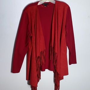 INC  Red Fringe Faux Suede Cardigan Size OX
